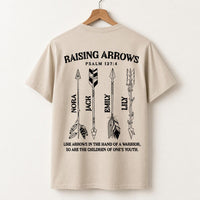 Personalized Raising Arrows Dad Shirt, Custom Kids Names Christian Tee, Psalm 127:4 Big Front Back Print, Father's Day Outfit, Gift for Dad