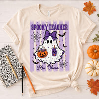 Personalized Spooky Teacher Halloween Shirt, Custom Name Ghost Tee, Cute Purple Classroom Outfit, Fall School Party Top, Teacher Gift