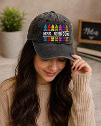 Personalized Teacher Embroidered Hat, Custom Mrs Name Crayon Design, Back to School Cap, Classroom Gift, Teacher Appreciation Gift for Her