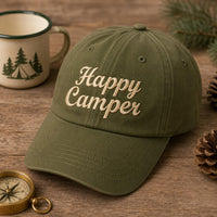 Happy Camper Embroidered Hat, Camping Lover Baseball Cap, Low Profile Dad Hat, Outdoor Adventure Gift, Everyday Cap Gift