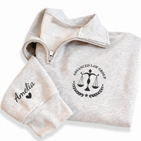 Personalized Lawyer Embroidered Quarter Zip Sweatshirt, Law School Pullover, Justice Scale Crest, JD Graduation Outfit, Future Lawyer Gift