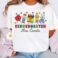 Personalized Kindergarten Teacher Shirt, Custom Teacher Name Tee, Cute School Supplies Design, First Day Outfit, Back to School Gift
