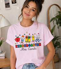 Personalized Kindergarten Teacher Shirt, Custom Teacher Name Tee, Cute School Supplies Design, First Day Outfit, Back to School Gift