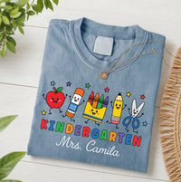 Personalized Kindergarten Teacher Shirt, Custom Teacher Name Tee, Cute School Supplies Design, First Day Outfit, Back to School Gift