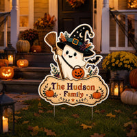 Personalized Halloween Yard Sign, Custom Family Name Lawn Sign, Cute Ghost Witch Cutout, Seasonal Outdoor Decor, Halloween Yard Decor