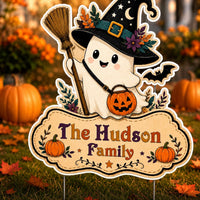 Personalized Halloween Yard Sign, Custom Family Name Lawn Sign, Cute Ghost Witch Cutout, Seasonal Outdoor Decor, Halloween Yard Decor