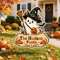 Personalized Halloween Yard Sign, Custom Family Name Lawn Sign, Cute Ghost Witch Cutout, Seasonal Outdoor Decor, Halloween Yard Decor
