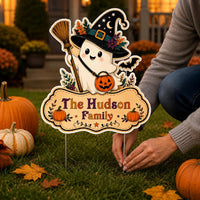 Personalized Halloween Yard Sign, Custom Family Name Lawn Sign, Cute Ghost Witch Cutout, Seasonal Outdoor Decor, Halloween Yard Decor