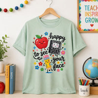 Happy to See Your Face Teacher Shirt, Cute Back to School Tee, Apple Notebook Pencil Graphic, First Day Classroom Outfit, Gift for Teacher