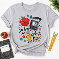 Happy to See Your Face Teacher Shirt, Cute Back to School Tee, Apple Notebook Pencil Graphic, First Day Classroom Outfit, Gift for Teacher
