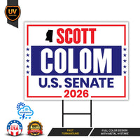 Scott Colom For Mississippi Senate 2026 Yard Sign, Corrugated Senate Elections, Race Red White & Blue Yard Sign with Metal H-Stake