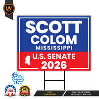 Scott Colom For Mississippi Senate 2026 Yard Sign, Corrugated Senate Elections, Race Red White & Blue Yard Sign with Metal H-Stake