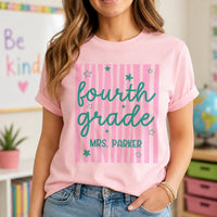 Personalized Fourth Grade Teacher Shirt, Custom Name Classroom Tee, Retro Stripe Top, Back to School Outfit, Teacher Appreciation Gift