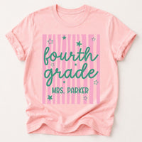 Personalized Fourth Grade Teacher Shirt, Custom Name Classroom Tee, Retro Stripe Top, Back to School Outfit, Teacher Appreciation Gift