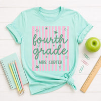 Personalized Fourth Grade Teacher Shirt, Custom Name Classroom Tee, Retro Stripe Top, Back to School Outfit, Teacher Appreciation Gift
