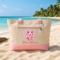 Personalized Bride Tote Bag with Zipper, Custom Mrs Name Canvas Tote, Coquette Gingham Bow Design, Mrs Travel Bag, Bridal Shower Gift