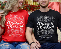 Personalized Merry and Married Shirt, Custom Newlywed Christmas Tee, Matching Couple Holiday Outfit, Surname Year Print, Christmas Gift