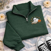 Bookish Ghost Embroidered Quarter Zip Sweatshirt, Book Lover Halloween Party Layer, Cozy Autumn Library Outfit, Halloween Gift for Her