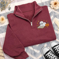 Bookish Ghost Embroidered Quarter Zip Sweatshirt, Book Lover Halloween Party Layer, Cozy Autumn Library Outfit, Halloween Gift for Her