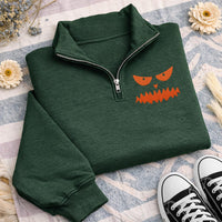 Personalized Pumpkin Embroidered Quarter Zip Sweatshirt, Halloween Face Choice, Halloween Party Layer, October Outfit, Spooky Gift