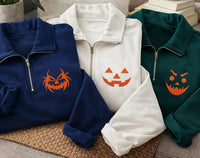 Personalized Pumpkin Embroidered Quarter Zip Sweatshirt, Halloween Face Choice, Halloween Party Layer, October Outfit, Spooky Gift
