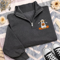 Ghost Dog Embroidered Quarter Zip Sweatshirt, Cute Puppy Pumpkin Fleece Pullover, Cozy Halloween Party Layer, Dog Lover Halloween Gift