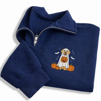 Ghost Dog Embroidered Quarter Zip Sweatshirt, Cute Puppy Pumpkin Fleece Pullover, Cozy Halloween Party Layer, Dog Lover Halloween Gift
