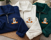 Ghost Dog Embroidered Quarter Zip Sweatshirt, Cute Puppy Pumpkin Fleece Pullover, Cozy Halloween Party Layer, Dog Lover Halloween Gift