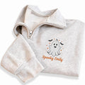 Personalized Ghost Embroidered Quarter Zip Sweatshirt, Custom Name Pullover, Festive Embroidered Top, Spooky Fall Outfit, Halloween Gift