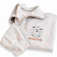 Personalized Ghost Embroidered Quarter Zip Sweatshirt, Custom Name Pullover, Festive Embroidered Top, Spooky Fall Outfit, Halloween Gift