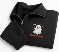 Personalized Ghost Embroidered Quarter Zip Sweatshirt, Custom Name Pullover, Festive Embroidered Top, Spooky Fall Outfit, Halloween Gift