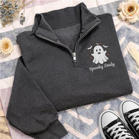 Personalized Ghost Embroidered Quarter Zip Sweatshirt, Custom Name Pullover, Festive Embroidered Top, Spooky Fall Outfit, Halloween Gift