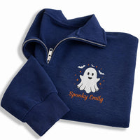 Personalized Ghost Embroidered Quarter Zip Sweatshirt, Custom Name Pullover, Festive Embroidered Top, Spooky Fall Outfit, Halloween Gift