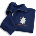 Personalized Ghost Embroidered Quarter Zip Sweatshirt, Custom Name Pullover, Festive Embroidered Top, Spooky Fall Outfit, Halloween Gift