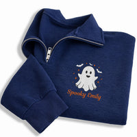 Personalized Ghost Embroidered Quarter Zip Sweatshirt, Custom Name Pullover, Festive Embroidered Top, Spooky Fall Outfit, Halloween Gift