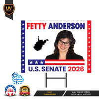 Fetty Anderson For West Virginia Senate 2026 Yard Sign, Corrugated Senate Election, Race Red White & Blue Yard Sign with Metal H-Stake