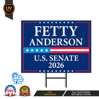 Fetty Anderson For West Virginia Senate 2026 Yard Sign, Corrugated Senate Election, Race Red White & Blue Yard Sign with Metal H-Stake