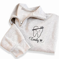 Personalized Dental Embroidered Quarter Zip Sweatshirt, Custom Name Tooth Pullover, Dental Office Layer, Hygienist Gift, Dentist Gift