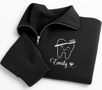 Personalized Dental Embroidered Quarter Zip Sweatshirt, Custom Name Tooth Pullover, Dental Office Layer, Hygienist Gift, Dentist Gift