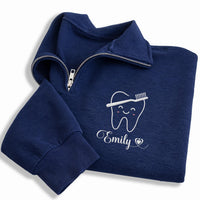 Personalized Dental Embroidered Quarter Zip Sweatshirt, Custom Name Tooth Pullover, Dental Office Layer, Hygienist Gift, Dentist Gift