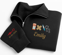 Personalized Nurse Embroidered Quarter Zip Sweatshirt, Custom Name and Date Top, Hospital Shift Pullover, RN Workwear, Nurses Week Gift