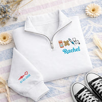 Personalized Nurse Embroidered Quarter Zip Sweatshirt, Custom Name and Date Top, Hospital Shift Pullover, RN Workwear, Nurses Week Gift