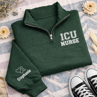 Personalized ICU Nurse Embroidered Quarter Zip Sweatshirt, Custom Name Pullover, Hospital Shift Layer, RN Workwear Top, Nurses Week Gift