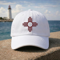 New Mexico Zia Symbol Embroidered Hat, Southwestern Heritage Cap, Bio Washed Cotton Cap, Santa Fe Travel Souvenir, Unique Gift for Her