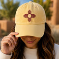 New Mexico Zia Symbol Embroidered Hat, Southwestern Heritage Cap, Bio Washed Cotton Cap, Santa Fe Travel Souvenir, Unique Gift for Her