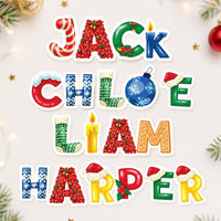 Personalized Christmas Name Sticker, Custom Holiday Vinyl Decal, Festive Alphabet Name Label, Stocking Gift Sticker, Kids Name Decal