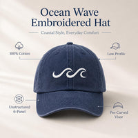 Ocean Wave Embroidered Hat, Minimalist Coastal Baseball Cap, Low Profile Dad Hat, Gift for Surfers and Beach Lovers, Everyday Cap Gift