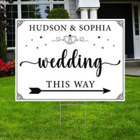 Custom Wedding Directional Display, Couple Names and Arrow, Weatherproof Coroplast Sign, Metal H-Stake Included, Ceremony Yard Sign