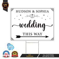 Custom Wedding Directional Display, Couple Names and Arrow, Weatherproof Coroplast Sign, Metal H-Stake Included, Ceremony Yard Sign