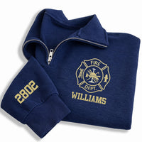 Personalized Firefighter Embroidered Quarter Zip Sweatshirt, Fire Department Pullover, Numbered Sleeve, Crew Gear, Custom Team Gift